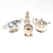 HALLMARKED SILVER CONDIMENTS - PEPPERETTES, SALTS ETC