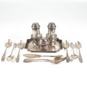 COLLECTION OF HALLMARKED SILVER FLATWARE, TRAY & CRUETS
