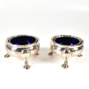 PAIR SILVER HALLMARKED GEORGE III BLUE GLASS LINED TABLE SALTS
