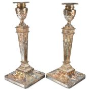 PAIR OF OLD SHEFFIELD SILVER PLATE ADAMS MANNER CANDLESTICKS