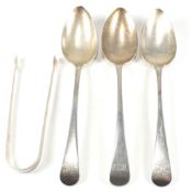 GEORGE III HALLMARKED SILVER SERVING SPOONS & GEORGE III SILVER PAIR SUGAR TONGS