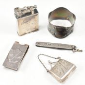COLLECTION OF HALLMARKED / 925 SILVER - LIGHTER / STAMP CASE / NAPKIN RING / FRUIT KNIFE