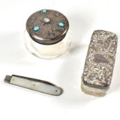 EDWARDIAN SILVER & TURQUOISE SET GLASS POT, FRUIT KNIFE & ANOTHER POT