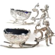 925 SILVER PAIR OF BLUE GLASS LINED CHERUB SLEIGH TABLE SALTS TBV