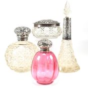 COLLECTION OF SILVER HALLMARKED CUT GLASS PERFUME BOTTLES & DRESSING TABLE POTS