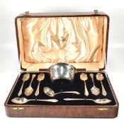 GEORGE VI HALLMARKED SILVER CASED SET OF SPOONS, BOWL & TEA STRAINER