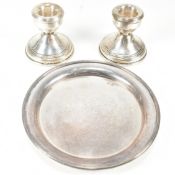 HALLMARKED SILVER CARD TRAY T/W PAIR OF STUB SILVER CANDLESTICKS