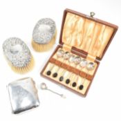 SILVER BRUSHES, CIGARETTE CASE, SALT SPOON, BOXED COFFEE SPOONS