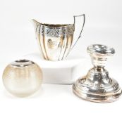 VICTORIAN HALLMARKED SILVER CREAMER JUG, CANDLESTICK & MATCH STRIKE
