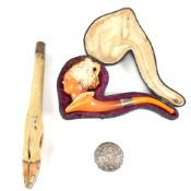 VICTORIAN SILVER MOUNTED DEERS FOOT PAPERWEIGHT & SILVER COLLAR SMOKING PIPE