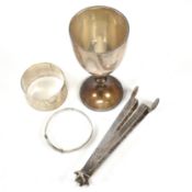 GEORGE V HALLMARKED SILVER GOBLET, TONGS & NAPKIN RING