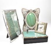 HALLMARKED SILVER & WOODEN TABLE TOP BOX, CLOCK & 2 PHOTOGRAPH FRAMES