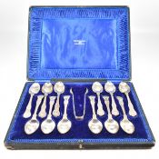 EDWARDIAN HALLMARKED SILVER 12 PIECE CASED TEASPOONS & SUGAR TONGS SET