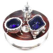 GEORGE V HALLMARKED SILVER 3 PIECE CRUET SET & HALLMARKED SILVER WINE COASTER