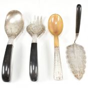 COLLECTION MALAYSIAN SILVER WHITE METAL HORN HANDLED SERVING SET / TROWEL ETC