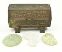 GROUP OF FIVE CHINESE AND JAPANESE ITEMS BRONZE AND SOAPSTONE ORNAMENTS