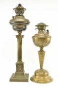 TWO VICTORIAN BRASS BANQUET OIL LAMPS ON COLUMN BASES