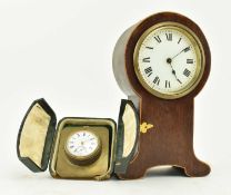 CASED EARLY 20TH CENTURY BRASS TRAVEL CLOCK & A MAHOGANY CASED DESK CLOCK