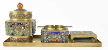 1920S BRASS TOBACCO SET 民国铜加珐琅彩烟丝盒烟灰缸和火柴盒一套
