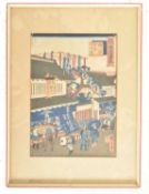 19TH CENTURY JAPANESE WOODBLOCK PRINT AND A BAMBOO BRUSH POT