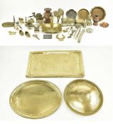 COLLECTION OF BRASSWARE TO INCLUDE TRAYS, BELLS CANDLESTICKS