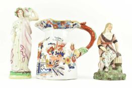 TWO PEARLWARE FIGURINES & AN IMARI JUG