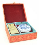 SOAPSTONE CARVED SEAL AND A BLUE AND WHITE SEAL BOX SET