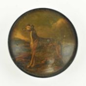 19TH CENTURY PAPIER MACHE GREYHOUND PORTRAIT SNUFF BOX