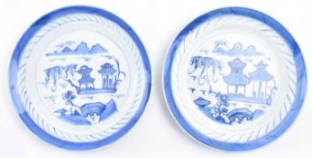 PAIR OF QING DYNASTY BLUE AND WHITE CHARGERS 清 青花山水盘一对