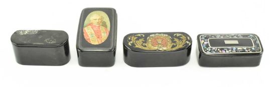 COLLECTION OF FOUR LACQUER PAPER MACHE SNUFF BOXES