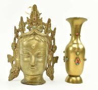 20TH CENTURY TIBETAN BRASS HEAD OF A TARA & AN INDIAN VASE