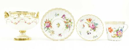 DRESDEN RIBBED HAND PAINTED CHINA TEACUP & SAUCER T/W TWO OTHERS