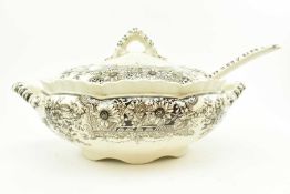 LATE VICTORIAN CHINA LIDDED TUREEN & SPOON IN AESTHETIC DESIGN