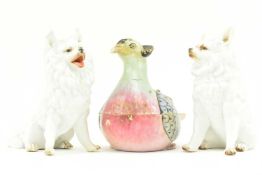 PAIR OF 19TH CENTURY GERMAN BISQUE DOG FIGURINES & A LIDDED DUCK POT