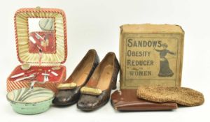 A GROUP OF VINTAGE ITEMS POWDER CASE MANICURE SET AND SHOES ETC