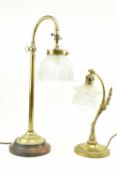 TWO EARLY 20TH CENTURY BRASS & GLASS COACHING DESK LAMPS