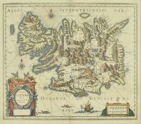 ICELAND. JANSSON TABULA ISLANDIAE 17TH CENTURY HAND COLOURED ENGRAVED MAP