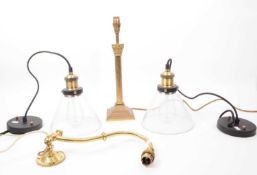 TWO BRASS & GLASS PENDANT LAMPS
