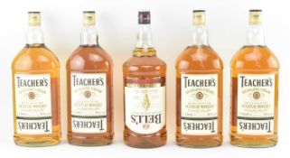 FIVE TEACHER'S & BELL'S OPTIC PUB WHISKY BOTTLES