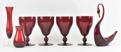 COLLECTION OF VINTAGE RUBY GLASS PIECES INCLUDING WHITEFRIARS RUBY SWAN