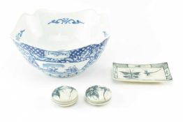 FOUR VINTAGE JAPANESE CERAMIC BLUE AND WHITE PIECES