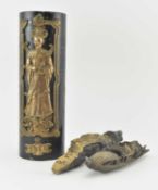 VINTAGE CAST METAL CHINESE DECORATIVE CYLINDER & TWO WOODEN DECORATIVE ITEMS