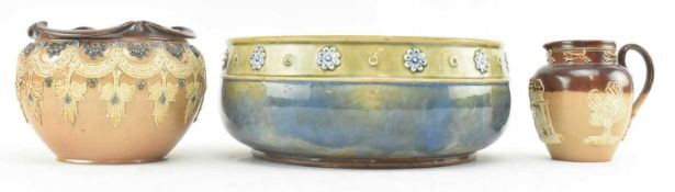 THREE HIGH VICTORIAN PIECES OF DOULTON LAMBETH STONEWARE CERAMICS