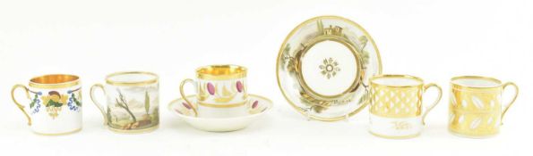 FIVE EARLY 19TH CENTURY REGENCY COFFEE CANS & TWO MATCHED SAUCERS
