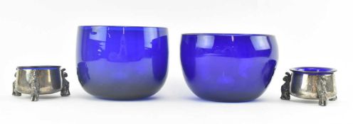 TWO COBALT / BRISTOL BLUE 19TH CENTURY FINGER BOWLS & A PAIR OF SALTS