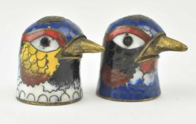 TWO EARLY 20TH CENTURY CHINESE CLOISONNE THIMBLES FORMED AS BIRDS