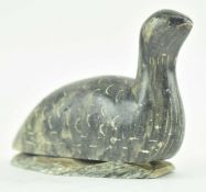MID CENTURY INUIT CARVED STONE BIRD FIGURINE PAPERWEIGHT SIGNED DIMU