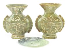 PAIR OF CHINESE HARDSTONE CARVED VASES & AN AMULET