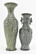 PAIR OF CHINESE BRONZED VASES WITH RELIEF DESIGN & FOUR CHARACTER MARKS