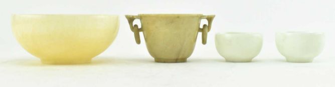FOUR CHINESE SOAPSTONE ITEMS, INCLUDING TEA BOWLS